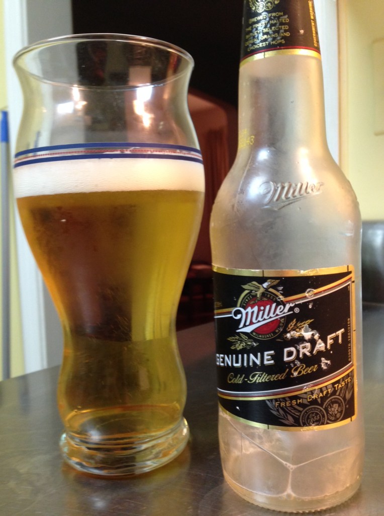 Miller Genuine Draft, SABMiller (MillerCoors). American adjunct lager. 4.6 percent alcohol by volume. I spent some time with MGD in my youth as well, and this beer was pretty much as I remembered it -- thin, bland and inoffensive. Which is probably not what Miller was going for.