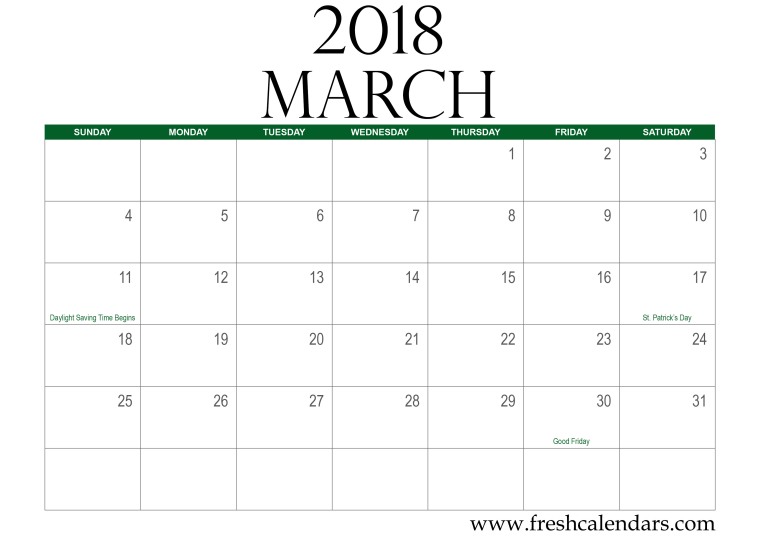March-2018-Calendar-Green
