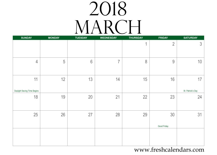 March-2018-Calendar-Green